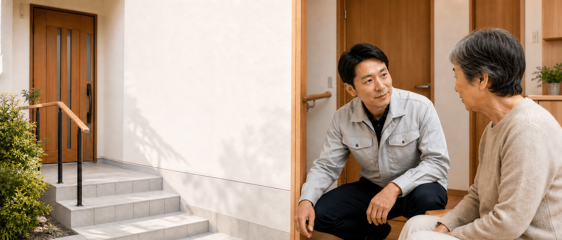 手すりのある住まいの玄関でご家族の話を聞く建築担当者